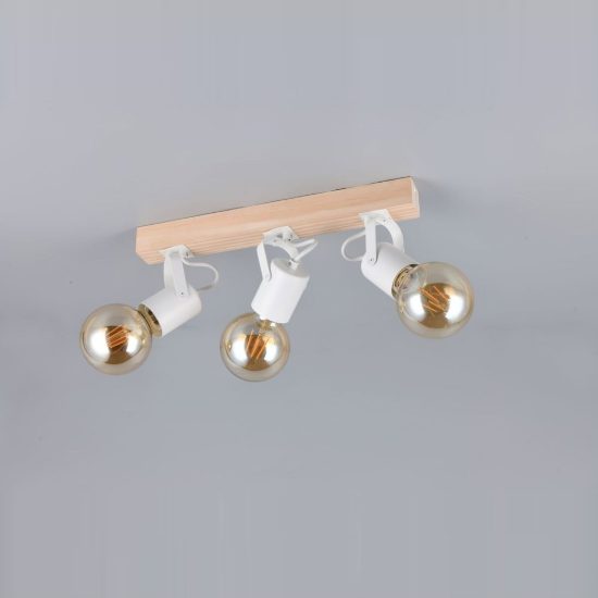 Plafoniera con 3 faretti orientabili moderna in metallo bianco con base in legno naturale