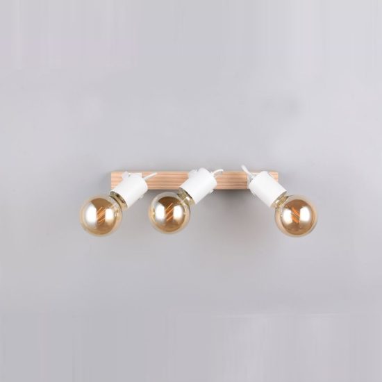 Plafoniera con 3 faretti orientabili moderna in metallo bianco con base in legno naturale