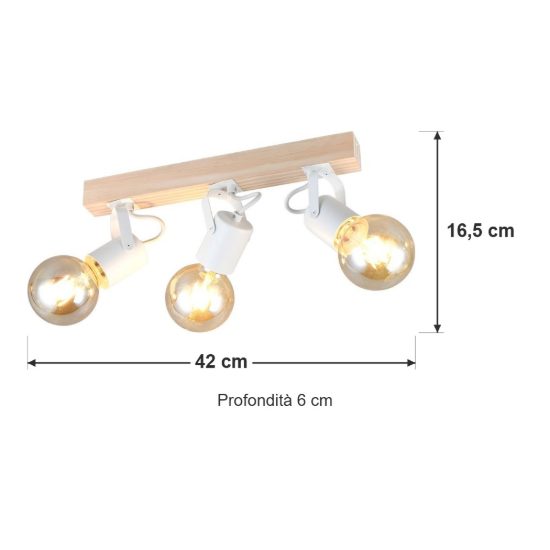 Plafoniera con 3 faretti orientabili moderna in metallo bianco con base in legno naturale
