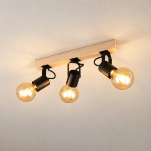 Plafoniera con 3 faretti orientabili moderna in metallo nero con base in legno naturale
