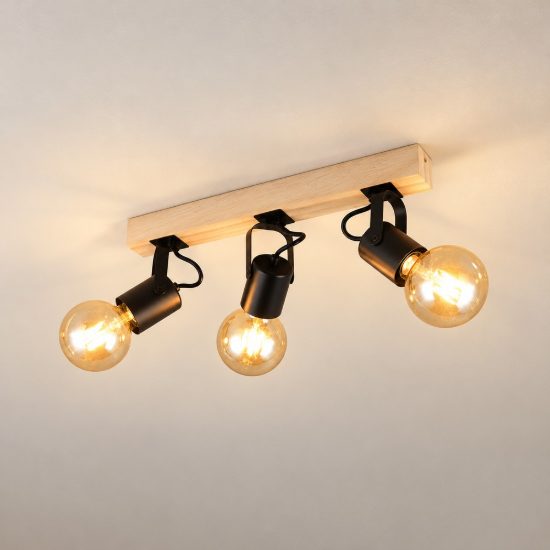 Plafoniera con 3 faretti orientabili moderna in metallo nero con base in legno naturale