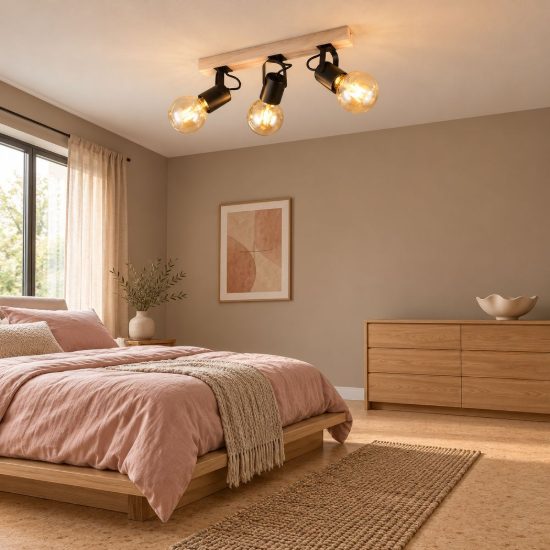 Plafoniera con 3 faretti orientabili moderna in metallo nero con base in legno naturale