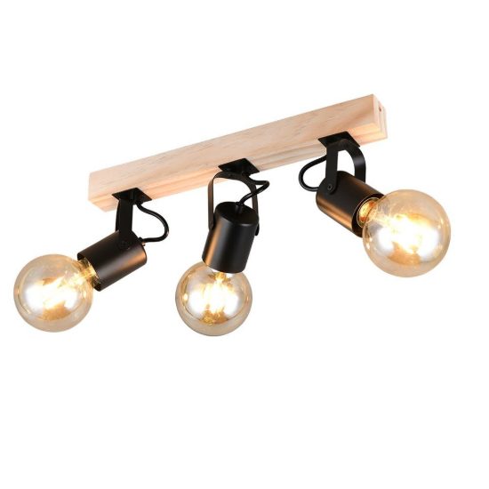 Plafoniera con 3 faretti orientabili moderna in metallo nero con base in legno naturale