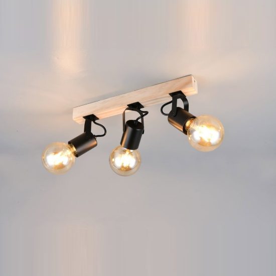Plafoniera con 3 faretti orientabili moderna in metallo nero con base in legno naturale