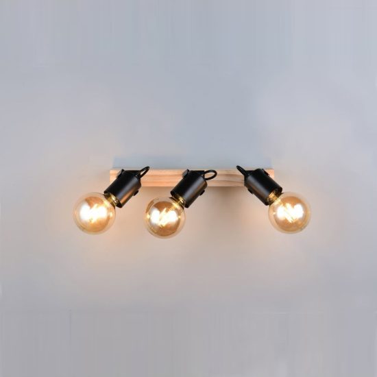 Plafoniera con 3 faretti orientabili moderna in metallo nero con base in legno naturale