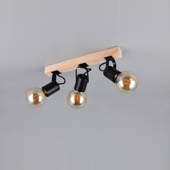 Plafoniera con 3 faretti orientabili moderna in metallo nero con base in legno naturale