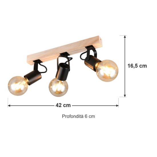 Plafoniera con 3 faretti orientabili moderna in metallo nero con base in legno naturale