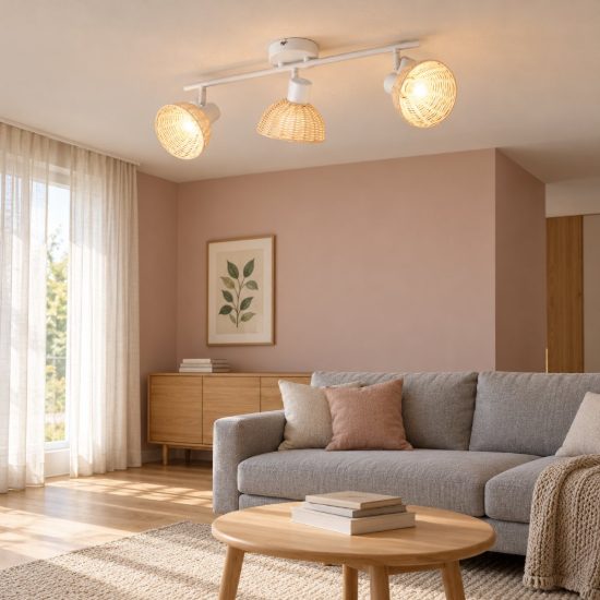 Plafoniera con 3 faretti orientabili moderna bianca con paralumi in rattan naturale