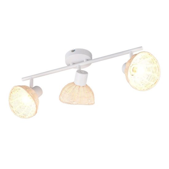Plafoniera con 3 faretti orientabili moderna bianca con paralumi in rattan naturale