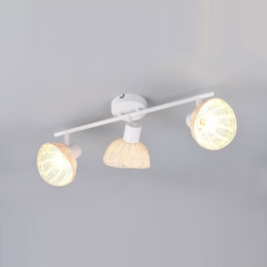 Plafoniera con 3 faretti orientabili moderna bianca con paralumi in rattan naturale