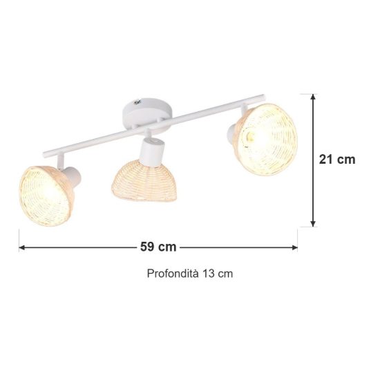 Plafoniera con 3 faretti orientabili moderna bianca con paralumi in rattan naturale
