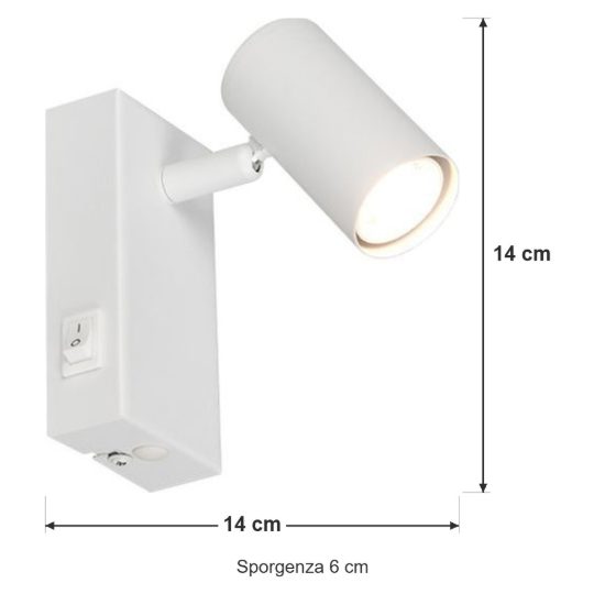 Applique per comodino camera da letto con faretto orientabile mini moderna bianca interruttore