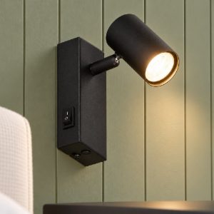 Applique per comodino camera da letto con faretto orientabile mini moderna nera interruttore