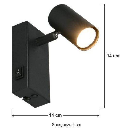 Applique per comodino camera da letto con faretto orientabile mini moderna nera interruttore