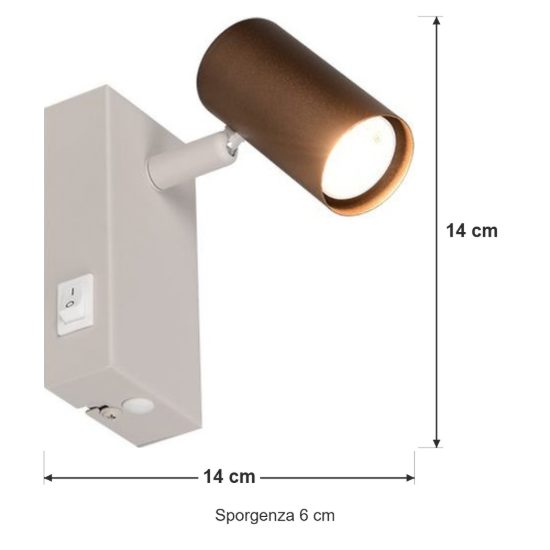Applique per comodino camera da letto con faretto orientabile mini moderna caffe interruttore