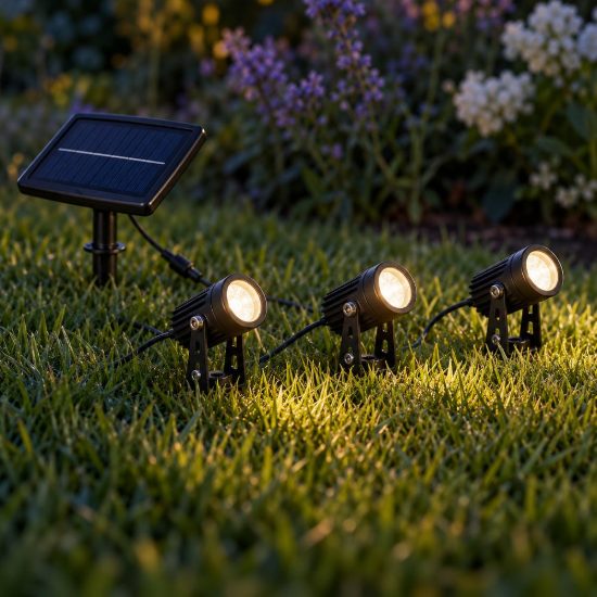 Set 3 faretti da esterno solari led 1,5w 4000k con picchetto sensore crepuscolare ip44 neri