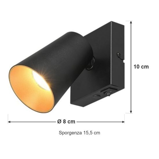 Applique per comodino camera da letto nera con anello intercambiabile nero o oro interruttore