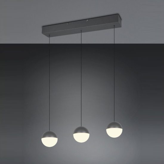 Lampadario 3 luci per sala da pranzo led 15w 3000k lineare antracite con sfere antracite bianche