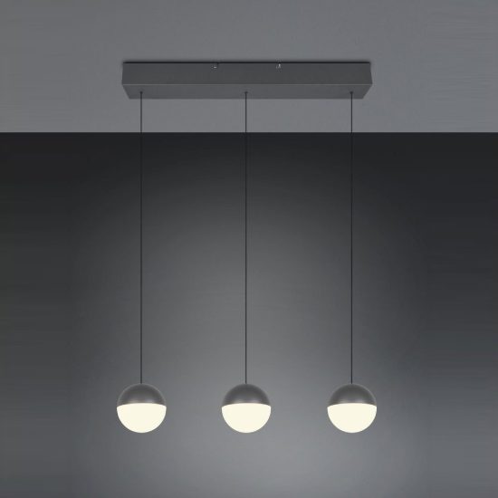 Lampadario 3 luci per sala da pranzo led 15w 3000k lineare antracite con sfere antracite bianche