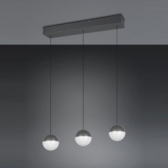 Lampadario 3 luci per sala da pranzo led 15w 3000k lineare antracite con sfere antracite bianche