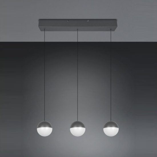 Lampadario 3 luci per sala da pranzo led 15w 3000k lineare antracite con sfere antracite bianche