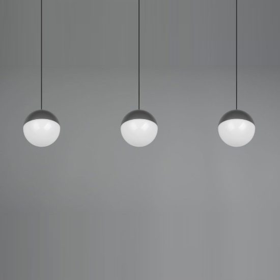 Lampadario 3 luci per sala da pranzo led 15w 3000k lineare antracite con sfere antracite bianche