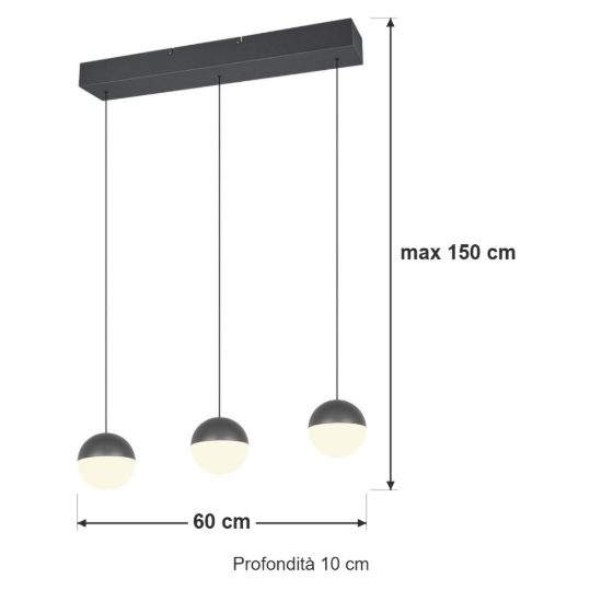 Lampadario 3 luci per sala da pranzo led 15w 3000k lineare antracite con sfere antracite bianche