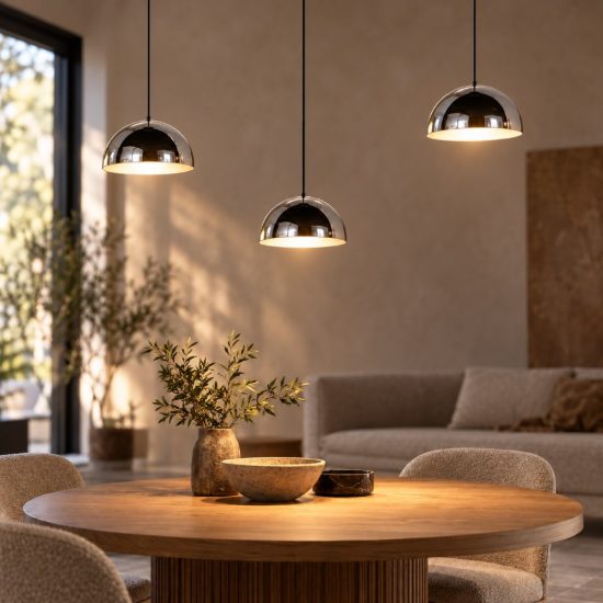 Lampadario 3 luci per soggiorno led 15w 4000k rotondo nero con sfere cromate bianche