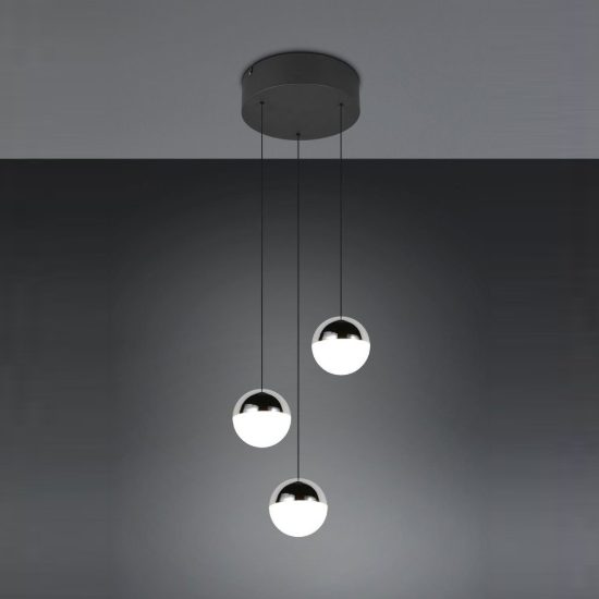 Lampadario 3 luci per soggiorno led 15w 4000k rotondo nero con sfere cromate bianche