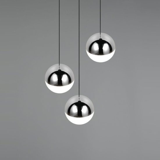 Lampadario 3 luci per soggiorno led 15w 4000k rotondo nero con sfere cromate bianche