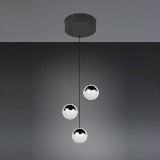 Lampadario 3 luci per soggiorno led 15w 4000k rotondo nero con sfere cromate bianche