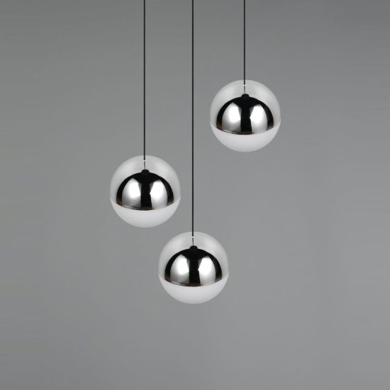 Lampadario 3 luci per soggiorno led 15w 4000k rotondo nero con sfere cromate bianche