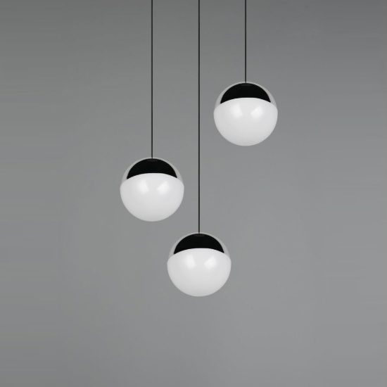 Lampadario 3 luci per soggiorno led 15w 4000k rotondo nero con sfere cromate bianche