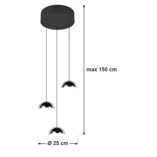 Lampadario 3 luci per soggiorno led 15w 4000k rotondo nero con sfere cromate bianche