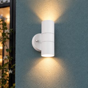Applique da esterno bi-emissione ip44 moderna bianca in alluminio pressofuso vetro