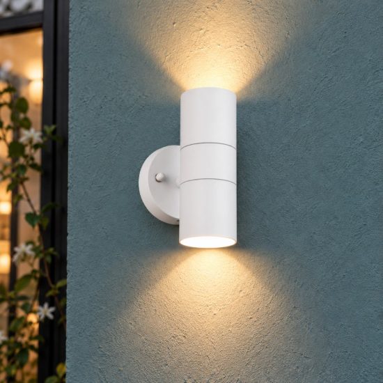 Applique da esterno bi-emissione ip44 moderna bianca in alluminio pressofuso vetro