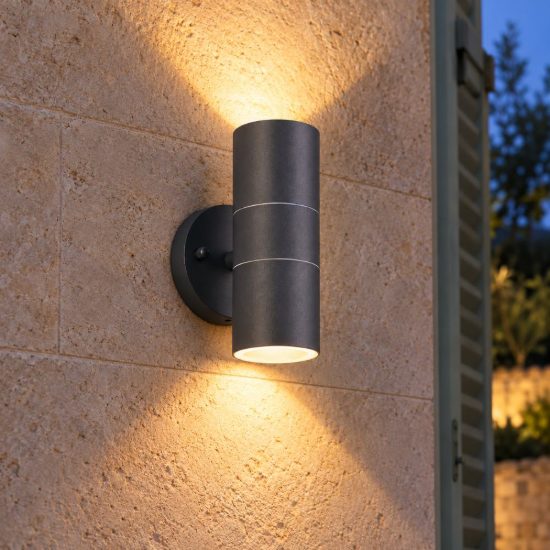Applique da esterno bi-emissione ip44 moderna antracite in alluminio pressofuso vetro