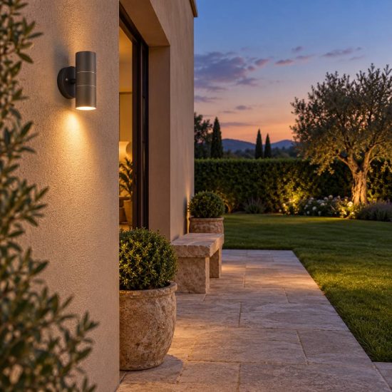 Applique da esterno bi-emissione ip44 moderna antracite in alluminio pressofuso vetro