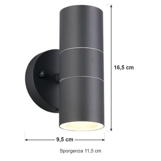 Applique da esterno bi-emissione ip44 moderna antracite in alluminio pressofuso vetro