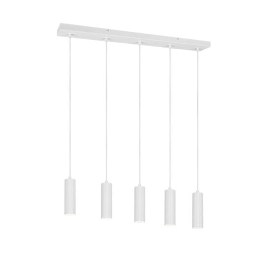 Lampadario 5 luci per salotto lineare bianco con diffusori cilindrici rigati