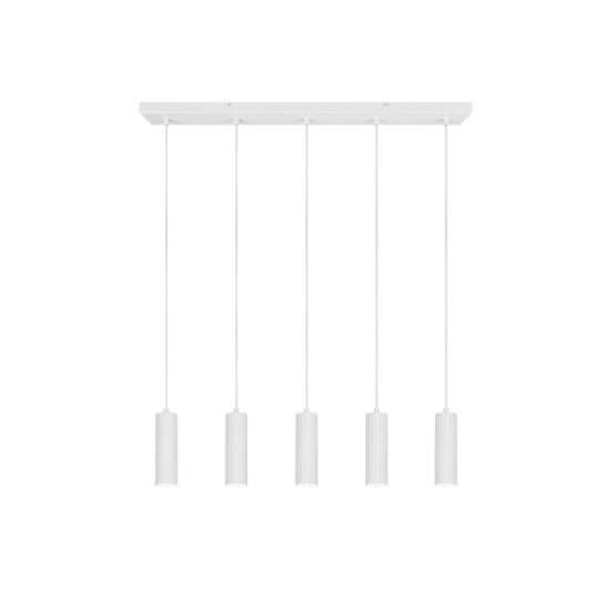Lampadario 5 luci per salotto lineare bianco con diffusori cilindrici rigati