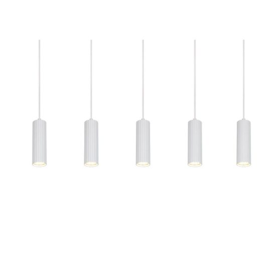 Lampadario 5 luci per salotto lineare bianco con diffusori cilindrici rigati