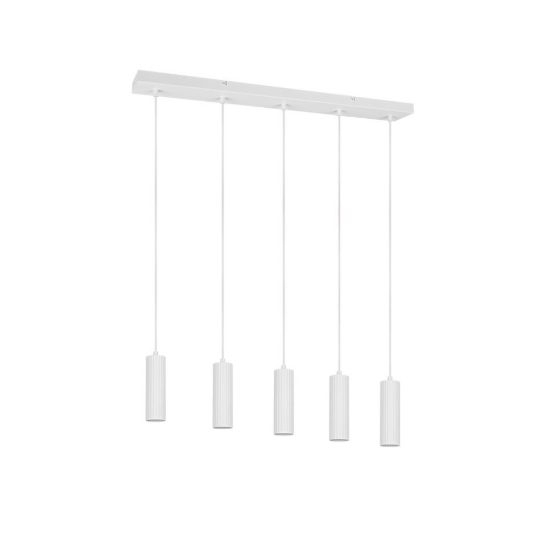 Lampadario 5 luci per salotto lineare bianco con diffusori cilindrici rigati