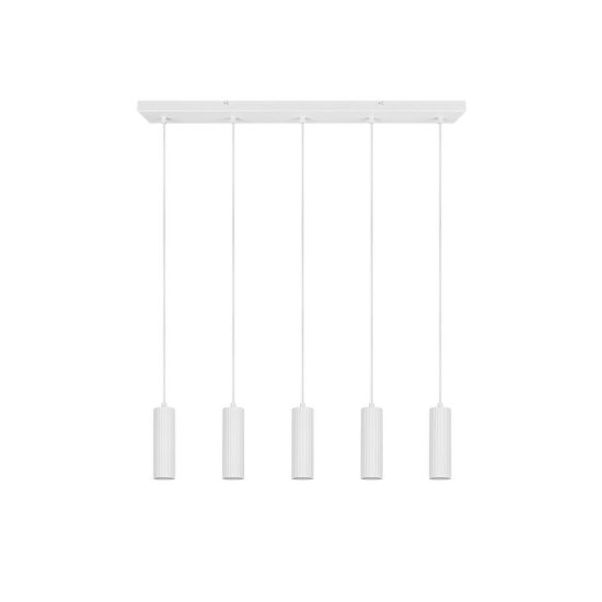Lampadario 5 luci per salotto lineare bianco con diffusori cilindrici rigati