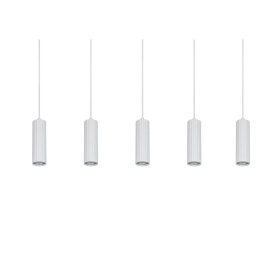 Lampadario 5 luci per salotto lineare bianco con diffusori cilindrici rigati