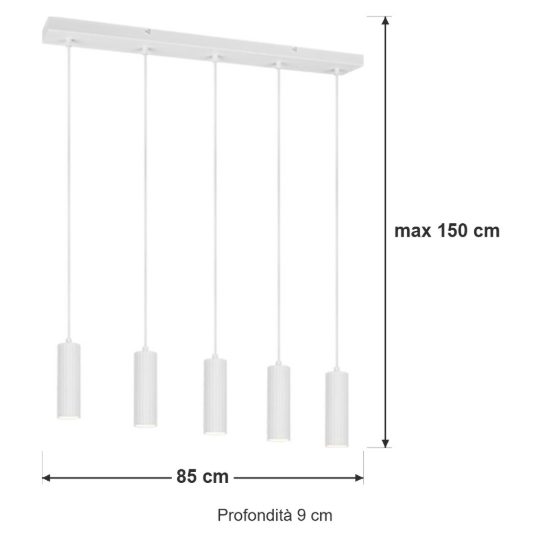 Lampadario 5 luci per salotto lineare bianco con diffusori cilindrici rigati