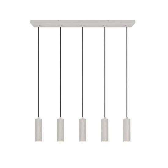 Lampadario 5 luci per soggiorno lineare grigio caldo con diffusori cilindrici rigati