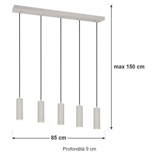 Lampadario 5 luci per soggiorno lineare grigio caldo con diffusori cilindrici rigati
