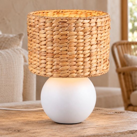 Lampada da tavolo per soggiorno moderna bianca in ceramica con paralume in seagrass