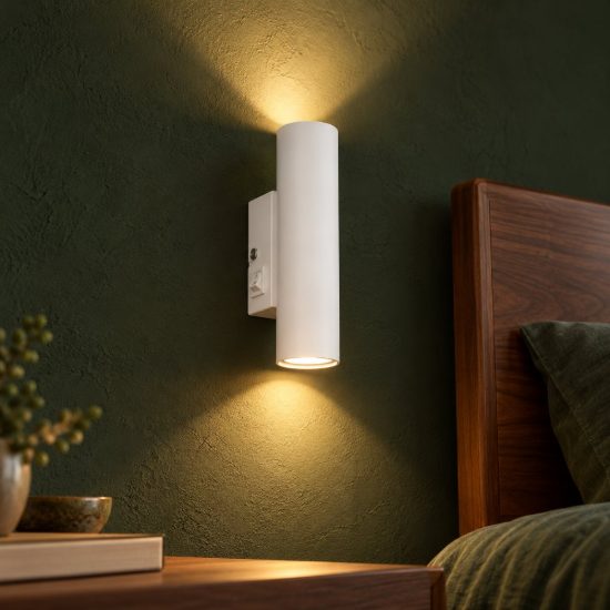 Applique per comodino camera da letto bi-emissione moderna cilindrica bianca con interruttore
